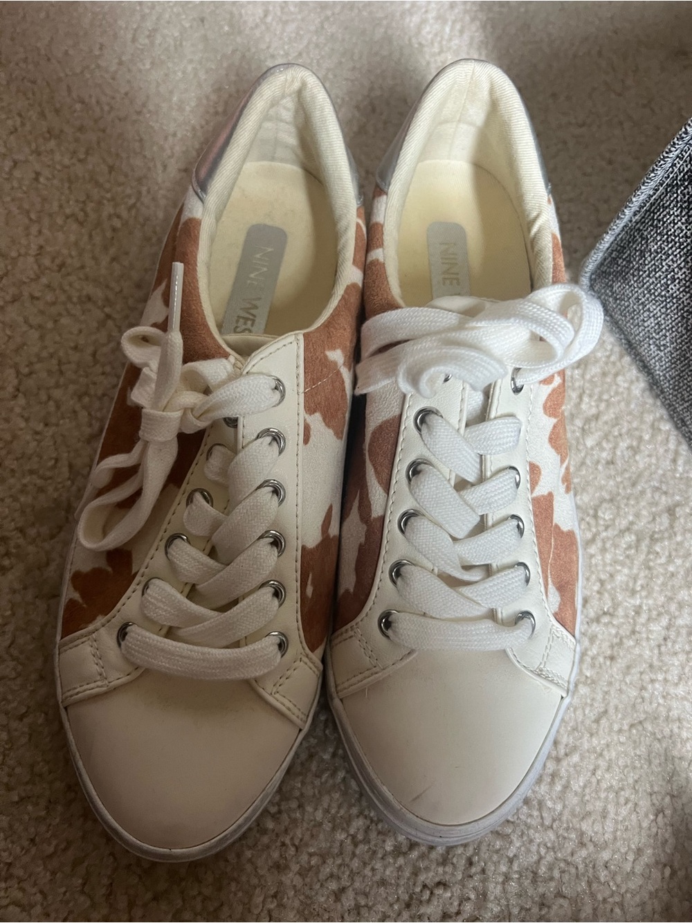 Nine West White and Tan Cowhide-Print Lace-Up Sneakers